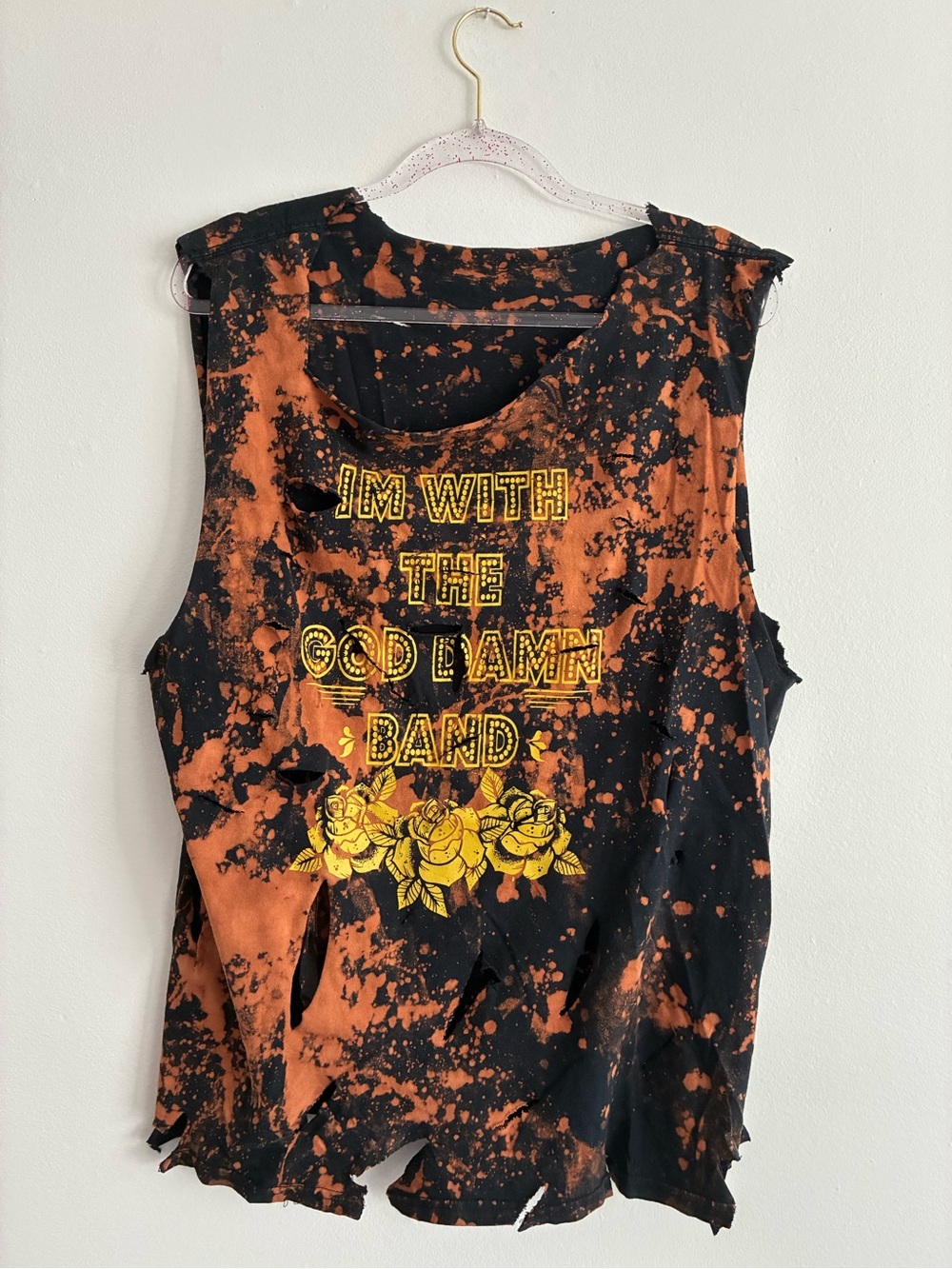 Graphic Bleached Black & Orange Tank Top - Band Floral Print